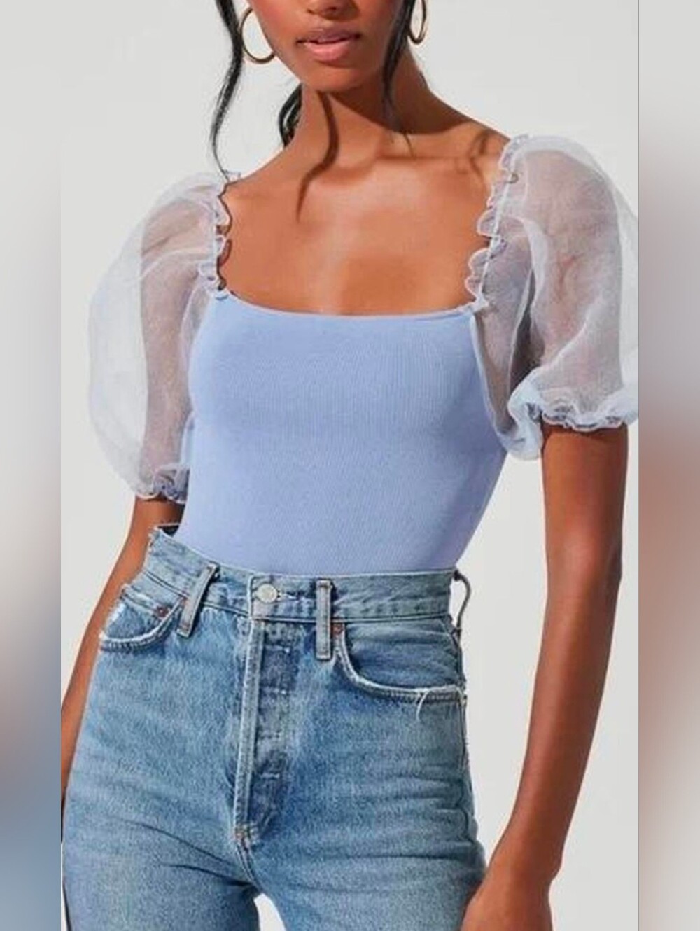 Zara Blue Knit Top with Organza Puff Sleeves Med